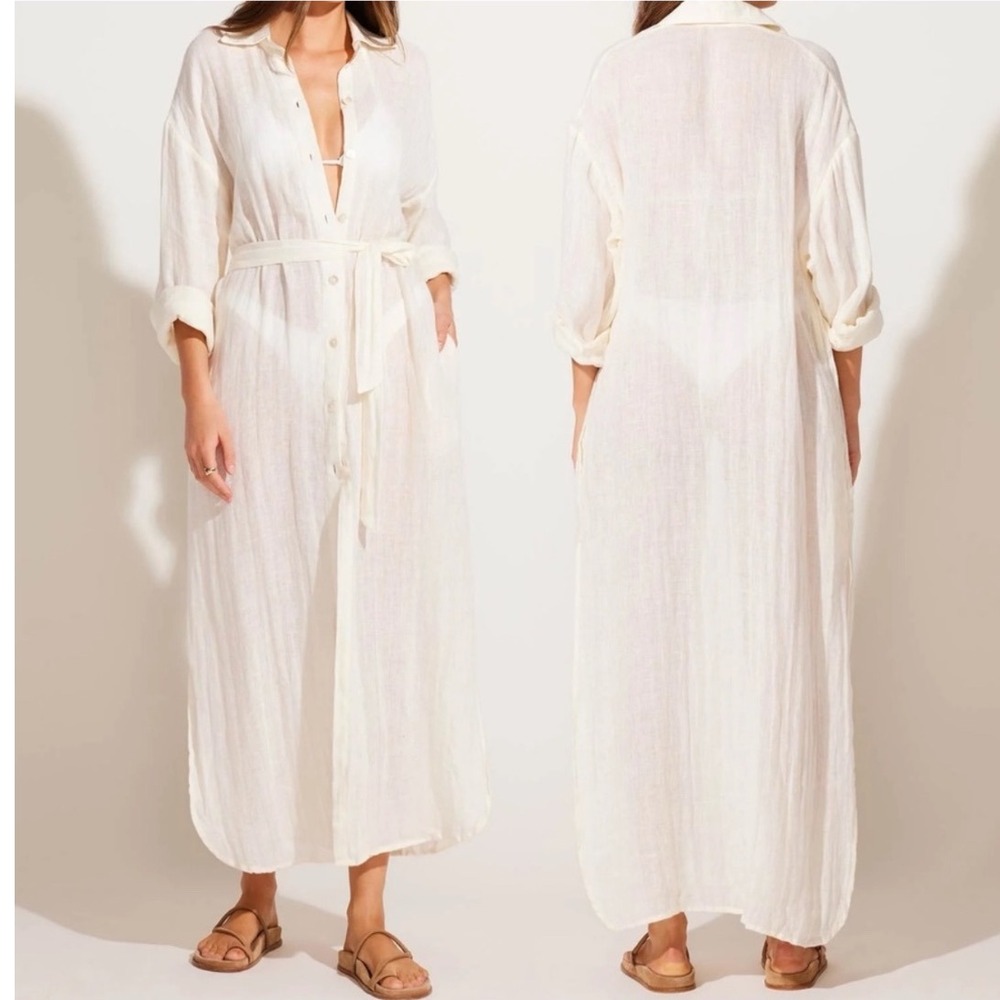 Vitamin‎ A Drifter Shirt Dress Ecru Cream Cotton Button Down Maxi Cover Up Small